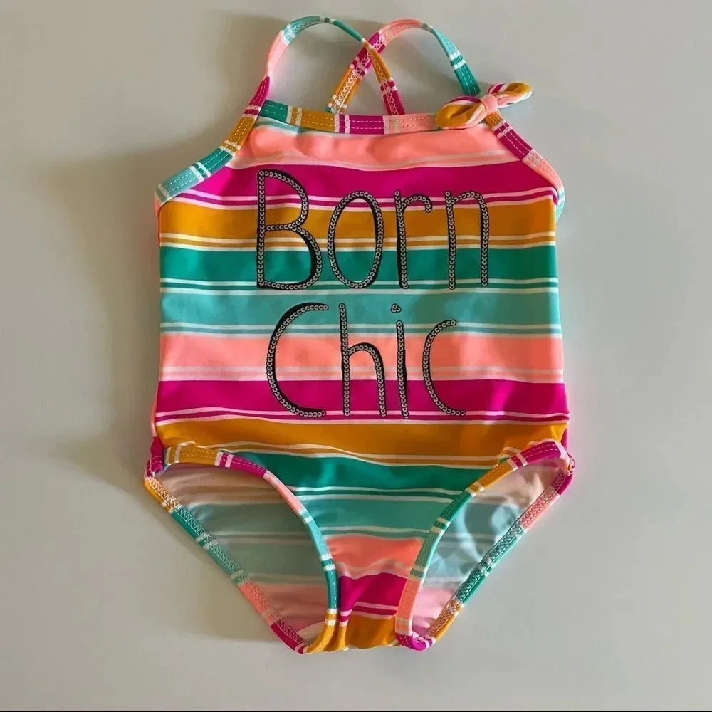 Koala Kids multi color bathing suit w/ “Born Chic” wording